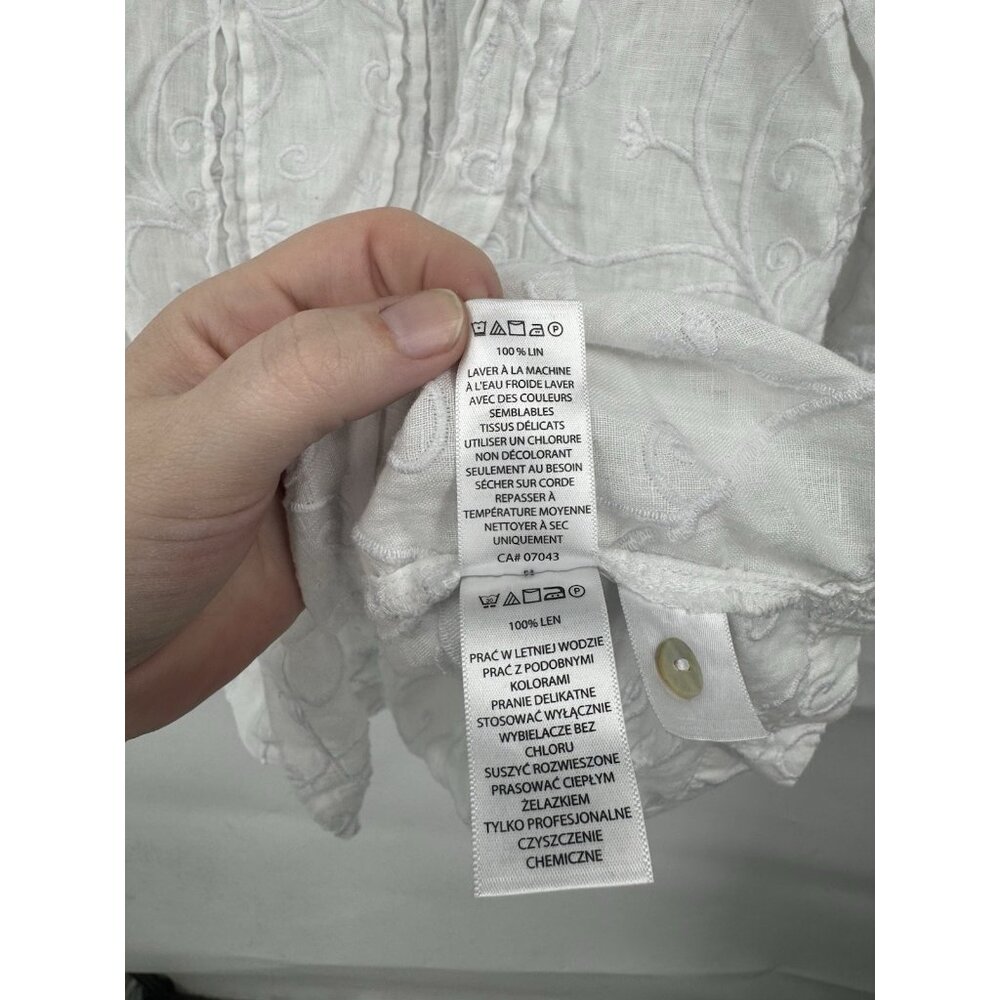 Kenar 100% Linen Shirt Women XL White Embroidered Roll Tab Sleeve Coastal Beach - Picture 4 of 8